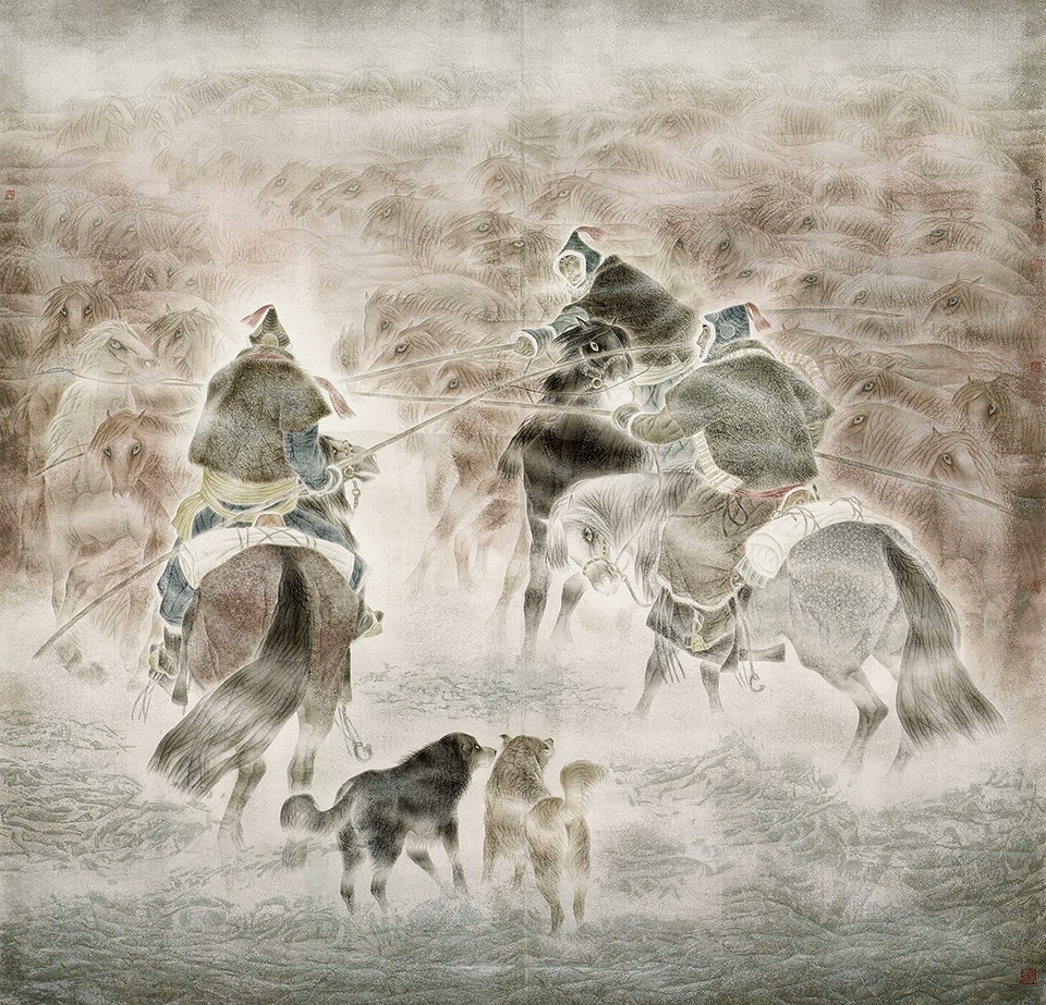 《大漠雄风》,196x196cm,国画工笔,1997