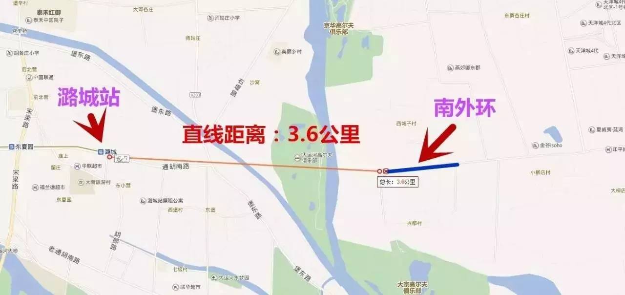 地铁6号线最后一站潞城站,与燕郊南外环直线距离也只有3公里多一点