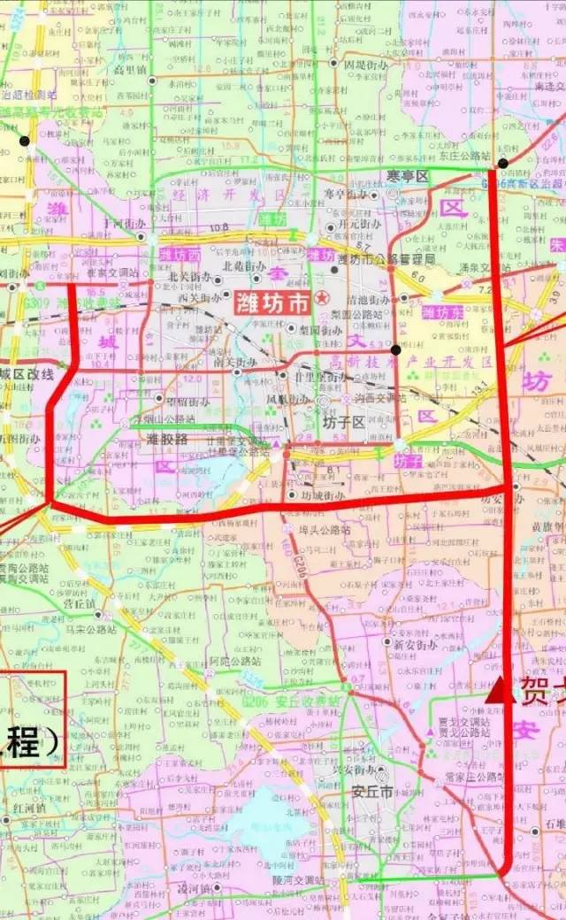 南外环路起于东外环路,终于潍城潘里庄,全长46公里,途坊子区,昌乐县