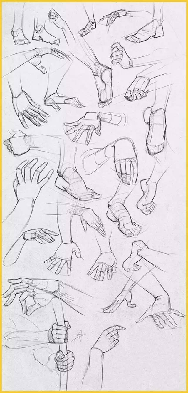 在速写中,要求对人物的局部进行刻画练习(头,手,脚,躯干,腿部,手部