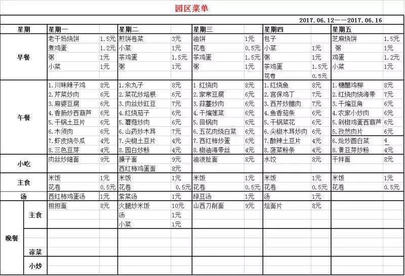 【园区生活】本周餐厅菜谱