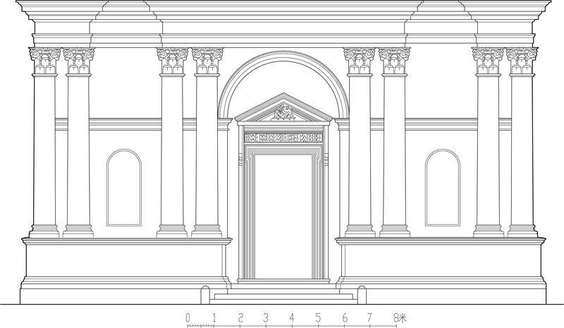 它是将拱券结构与罗马柱式相结合,从而形成券柱式的立面构图.