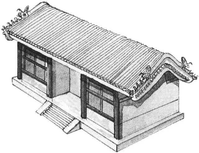 如图:悬山建筑 屋面双坡,两侧伸出山墙之外,屋面上有一条正脊和四条锤