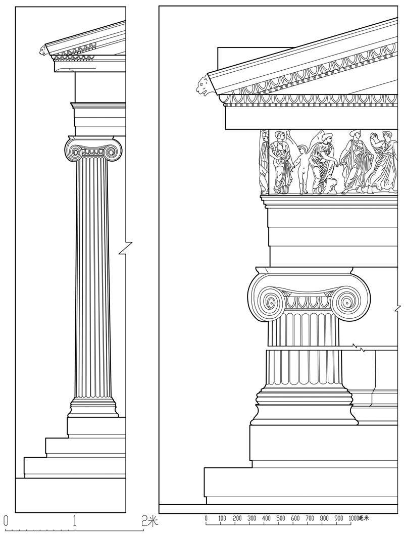 爱奥尼柱式:柱身是底径的9～10倍,其比例修长;柱身的收分和卷杀不明显