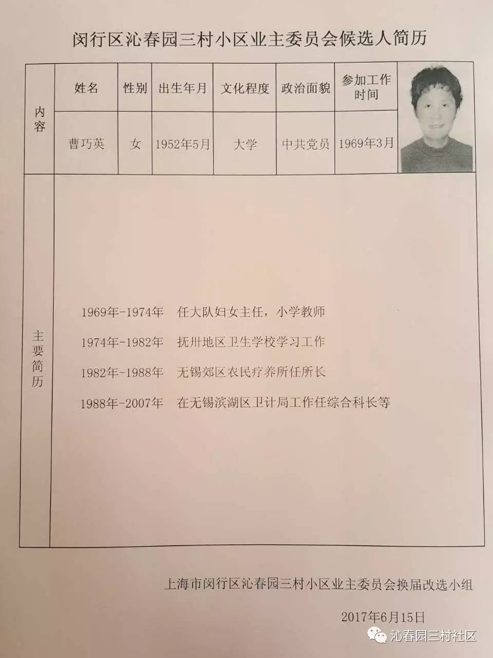 闵行区沁春园三村小区业主委员会候选人简历公示