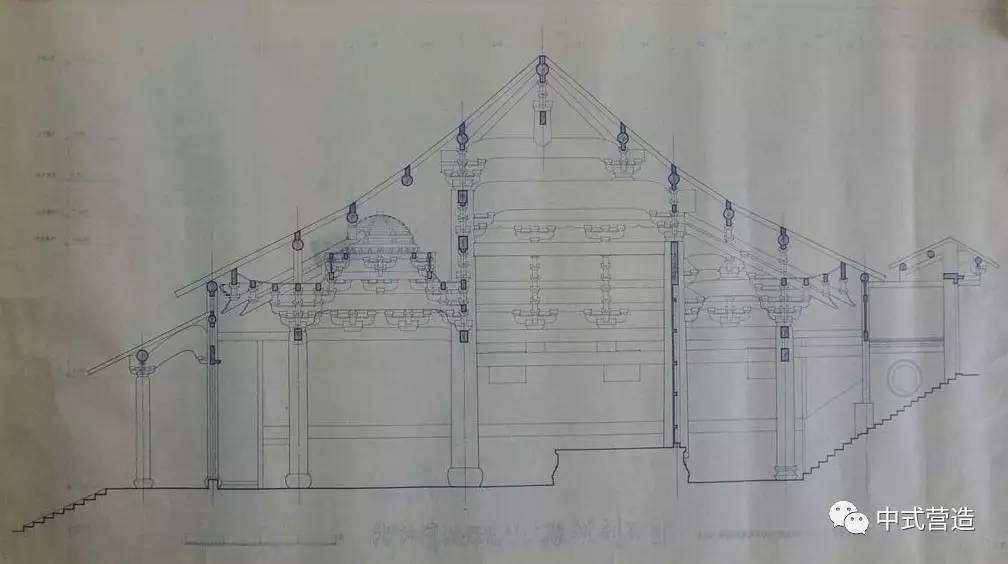 宁波保国寺大殿测绘图是沿进深方向最南一间为敞廊,三面敞开,殿门设