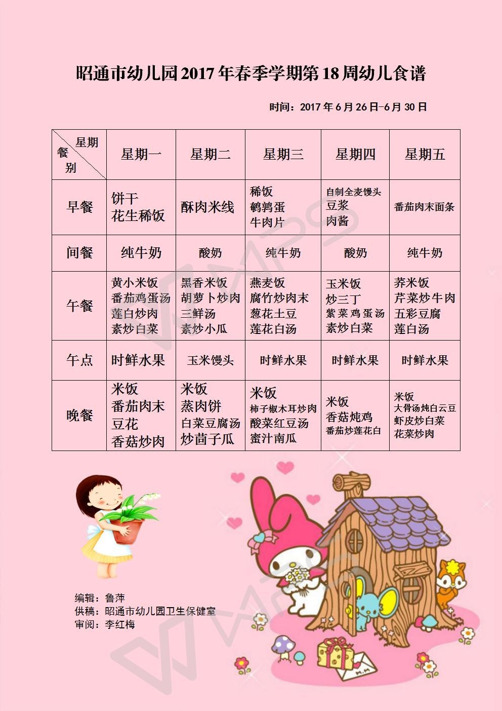 昭通市幼儿园2017年春季学期第18周幼儿食谱