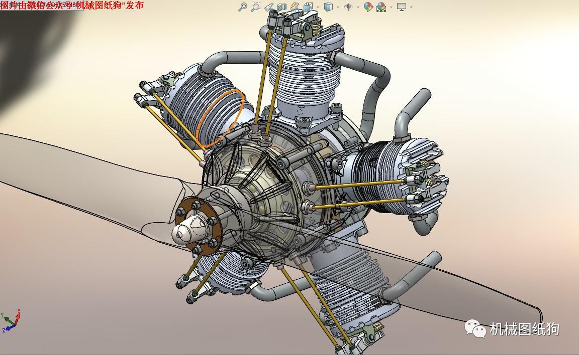 【发动机电机】螺旋桨5缸星型发动机3d建模图纸 solidworks设计