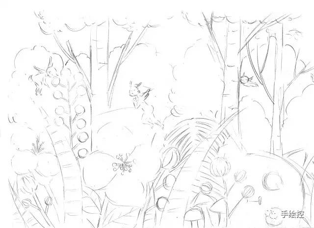 首先用铅笔画出大概的森林场景的线稿.