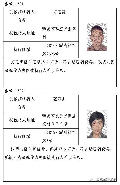 辉县又一批老赖曝光