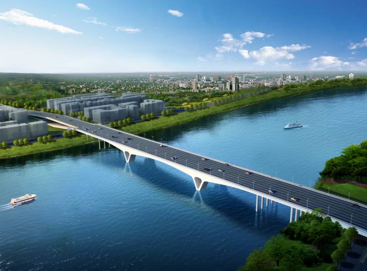 根据方案,致江路大桥设计为双向6车道接致江路,岷江东岸采用单喇叭