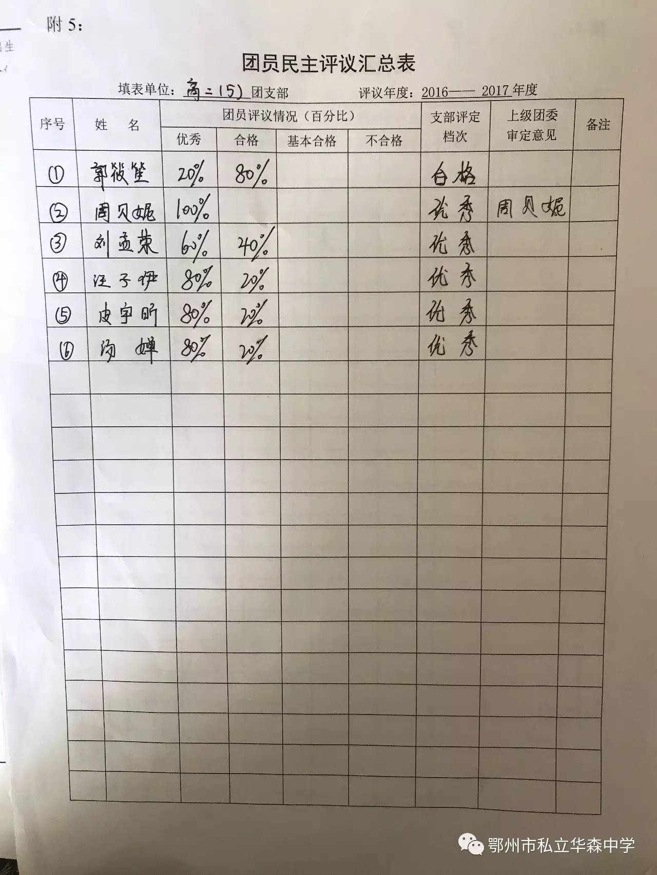 团员民主评议表