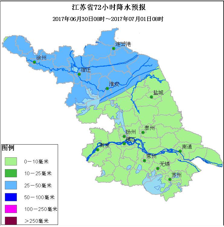 其中 江淮之间北部和淮北地区雨量中等局部大到暴雨