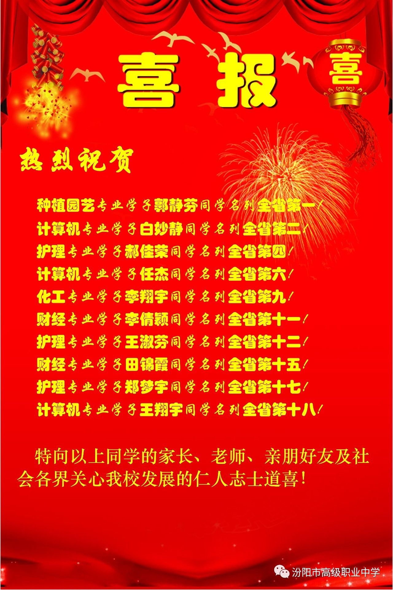 热烈祝贺:我校计算机专业学子白妙静同学在2017年山西省对口升学考试