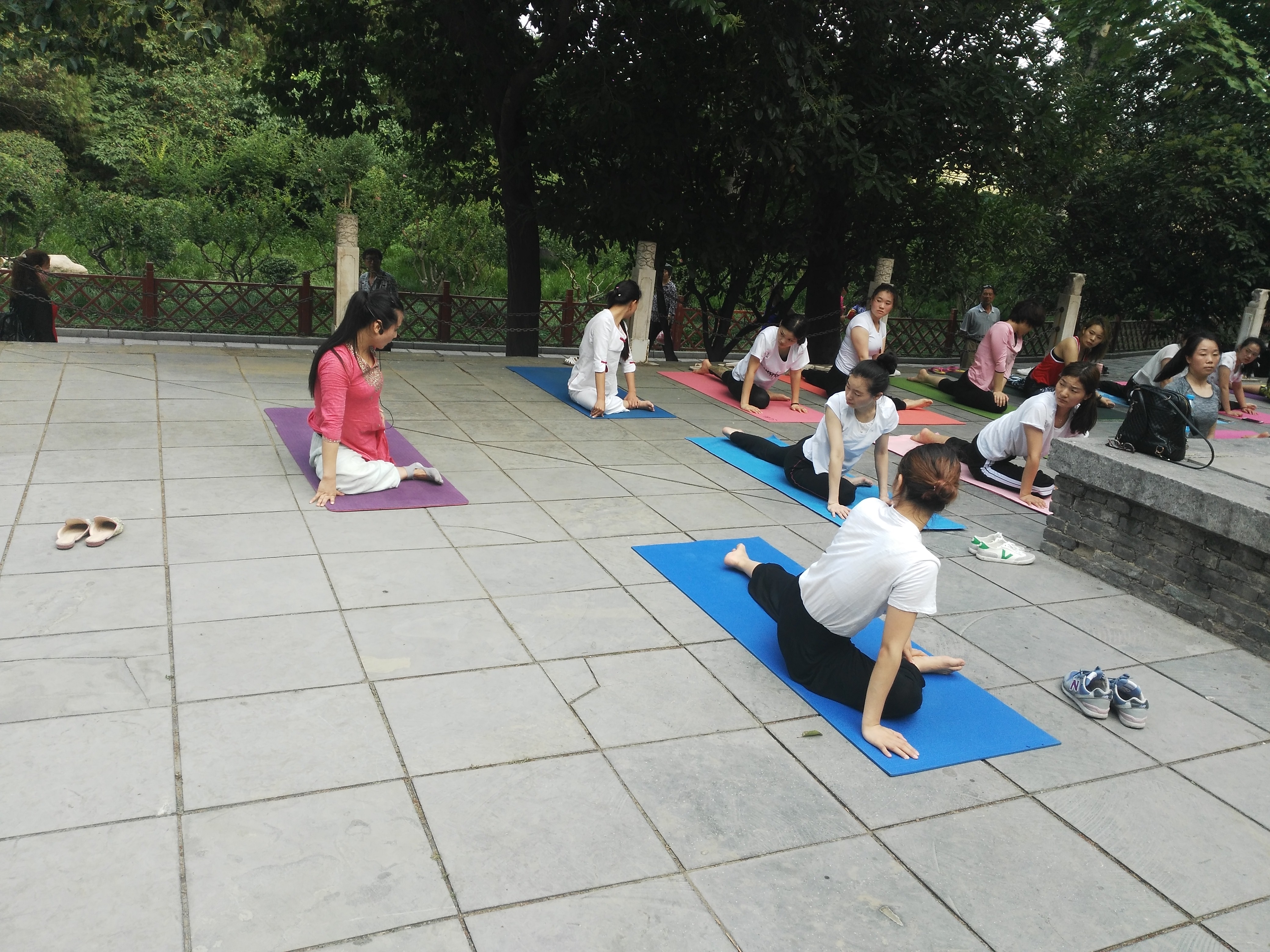 清晨，郑州某公园一群瑜伽爱好者集体秀一字马