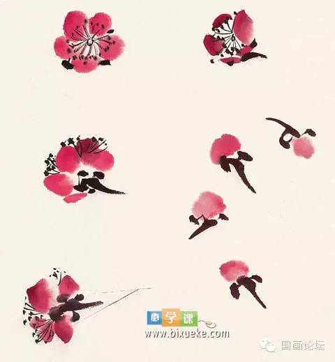 【如下图】 练习: 画一幅简单的梅花图 梅花的结构包括花瓣,花蕊,花蒂