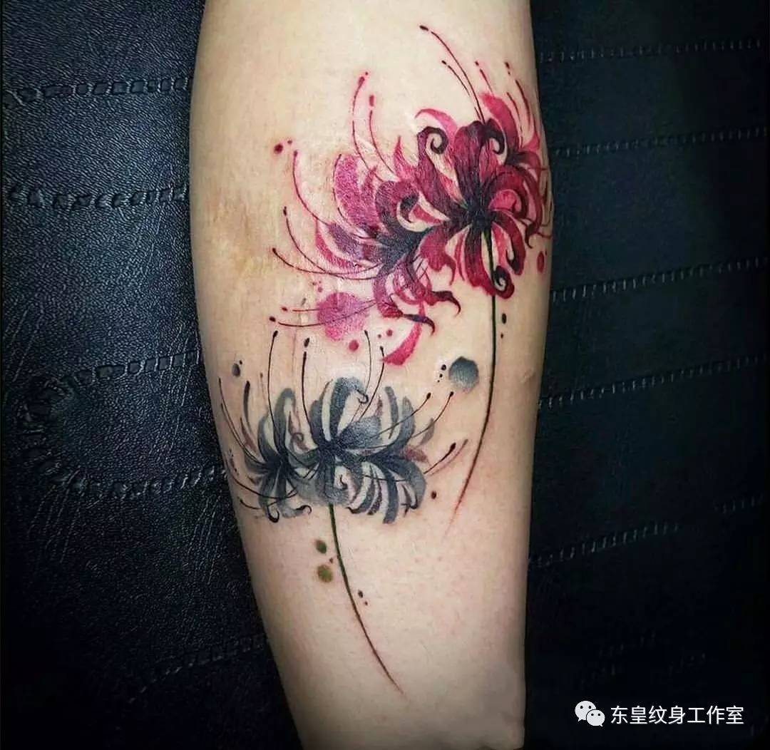闺蜜小腿罂粟花英文字纹身图案-上海纹彩刺青