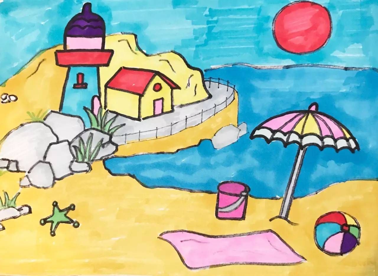 每日一画 | 【夏日海滩】场景绘画教学,冰爽整个暑假,就这么简单!