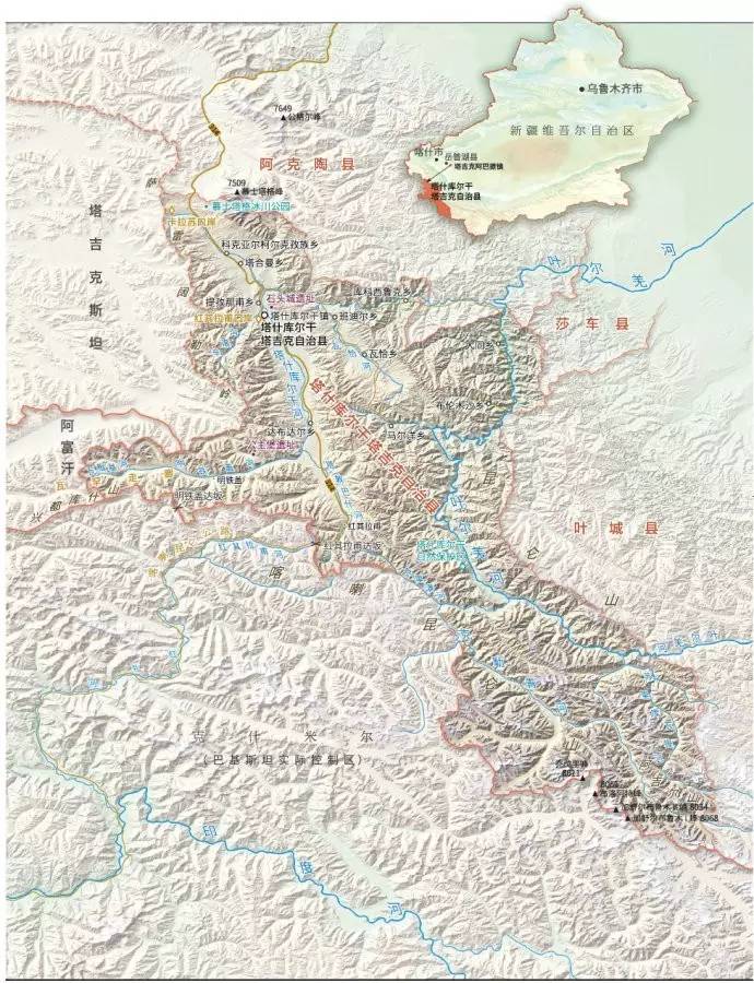 西北与塔吉克斯坦接壤,边界线长197公里;西部通过瓦罕走廊与阿富汗