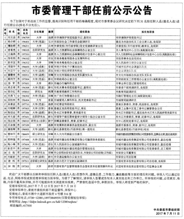 娄底31位市委管理干部任前公示