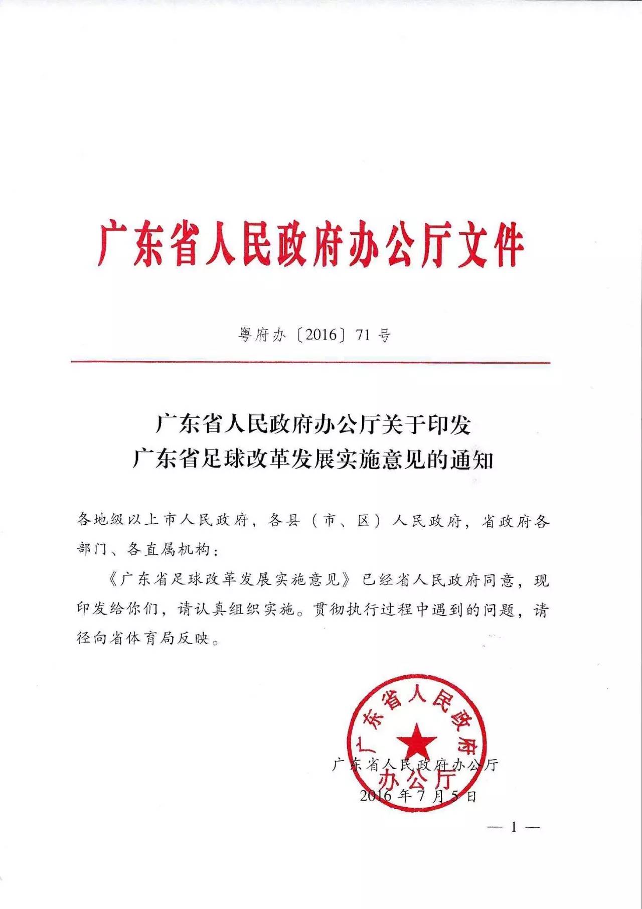 广东省人民政府办公厅关于印发广东省足球改革发展实施意见的通知