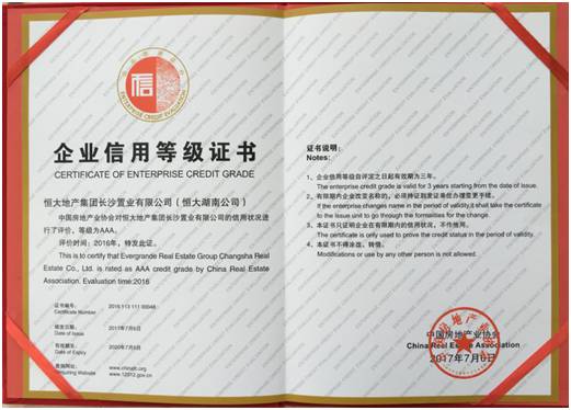 恒大地产集团湖南公司荣获AAA最高信用等级