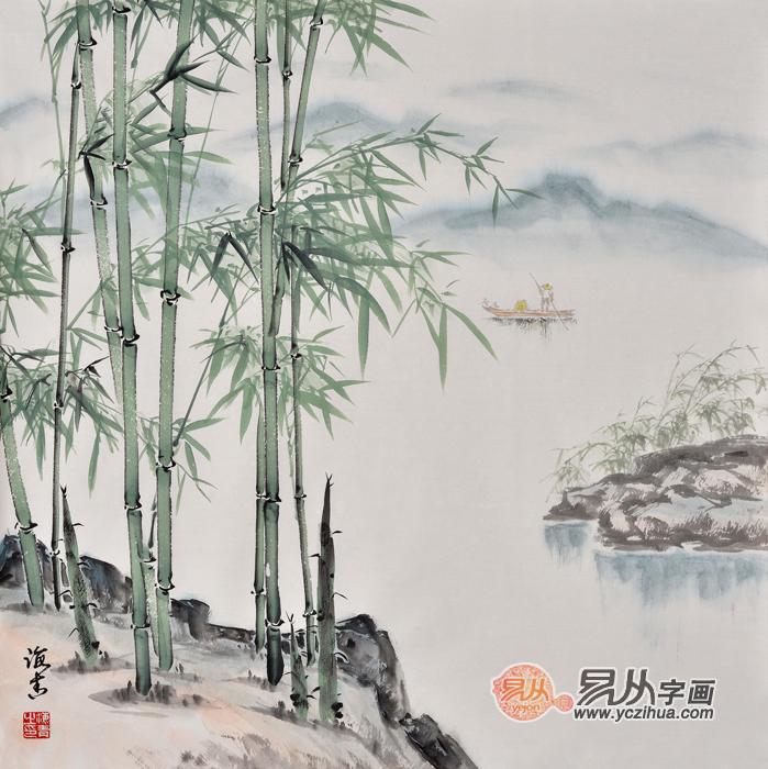 国画竹石图刘海青竹子山水画作品《平安吉祥》(作品来源:易从网)