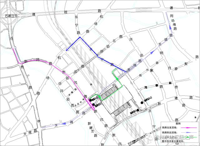 流线2:花园兜街下匝道→东宁路→天城路→同协路→德胜高架离开流线1