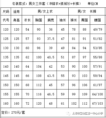 【新生爸妈看过来】校服尺码对照表