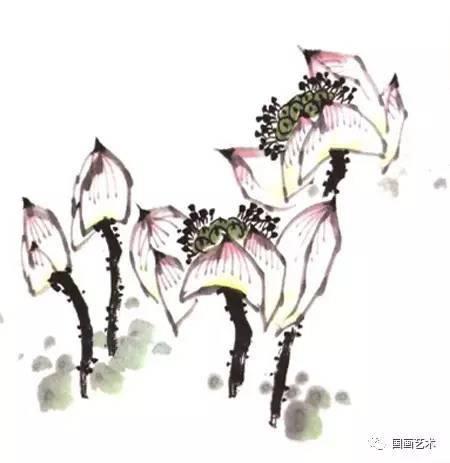 此图花蕾,花梗,莲蓬,水草是由长短,粗细不等的线组成画面,再点上水点