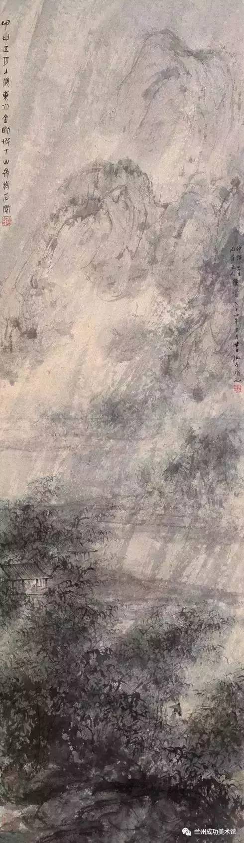 作为抱石最常画的"风雨山水"题材,这件作品的特点是先在纸面上甩洒了