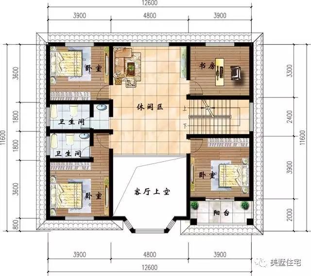 二层平面图:3卧室,书房,休闲区,2卫生间-1211米农村小别墅