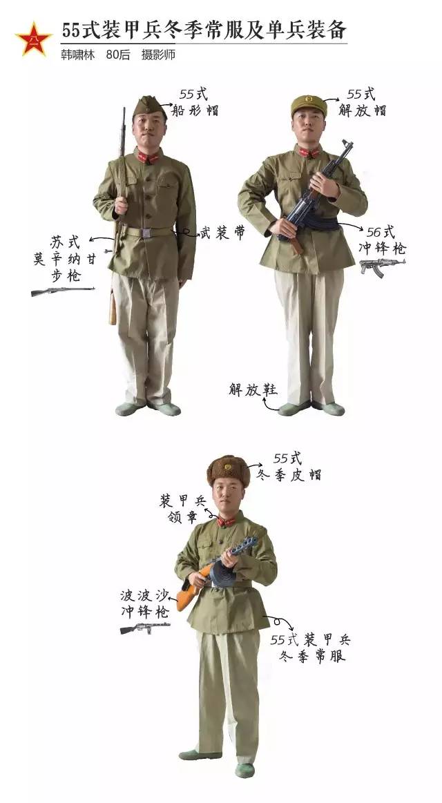 1955年10月1日配发的 55式军服,是第一套也是唯一一套仿苏式军装,这