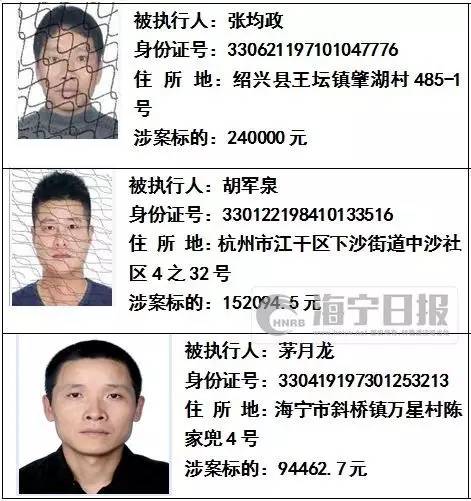 海宁法院最新曝光28名老赖附姓名照片欠款最多近400万