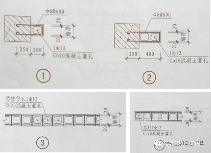 丁字墙,十字墙,l型墙交接点处及转角处应留芯柱,芯柱内采用c20混凝土