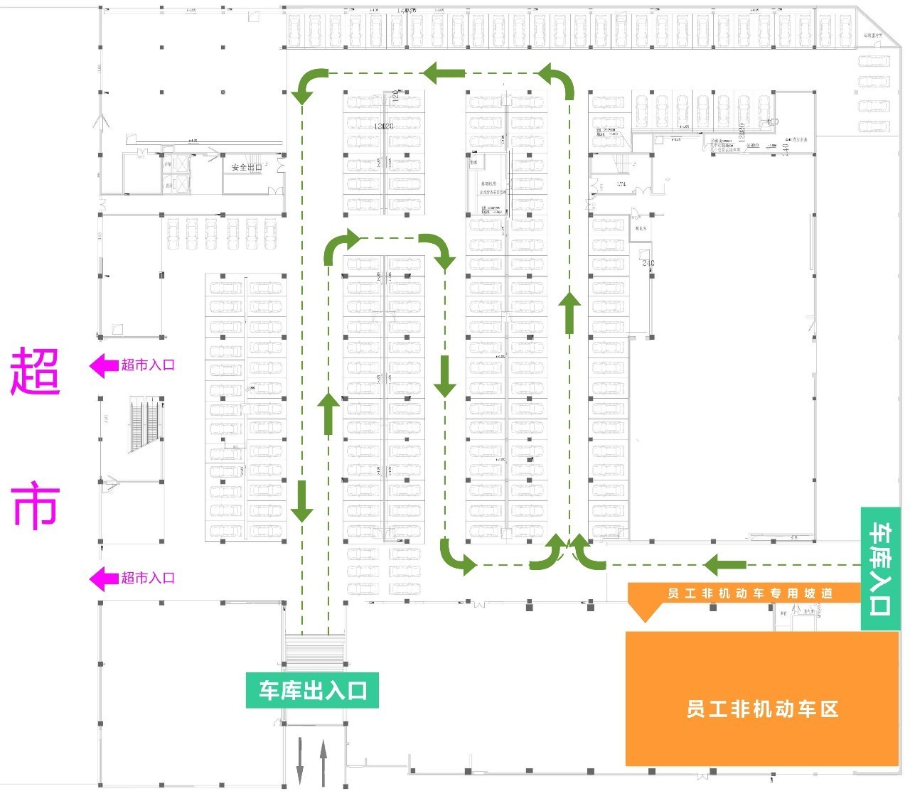 地下停车场具体单行图示如下