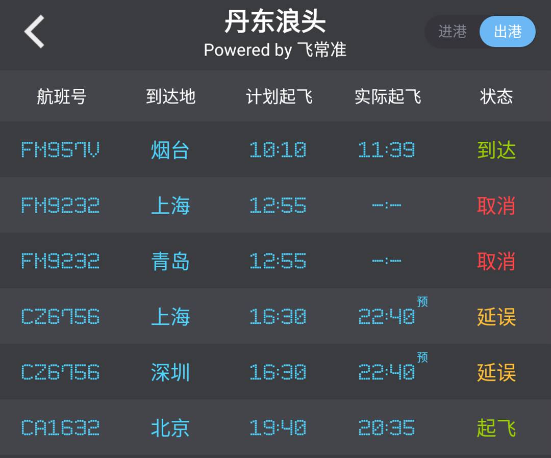 截至21点,原计划丹东飞往北京的ca1632航班正常执飞,丹东经上海浦东