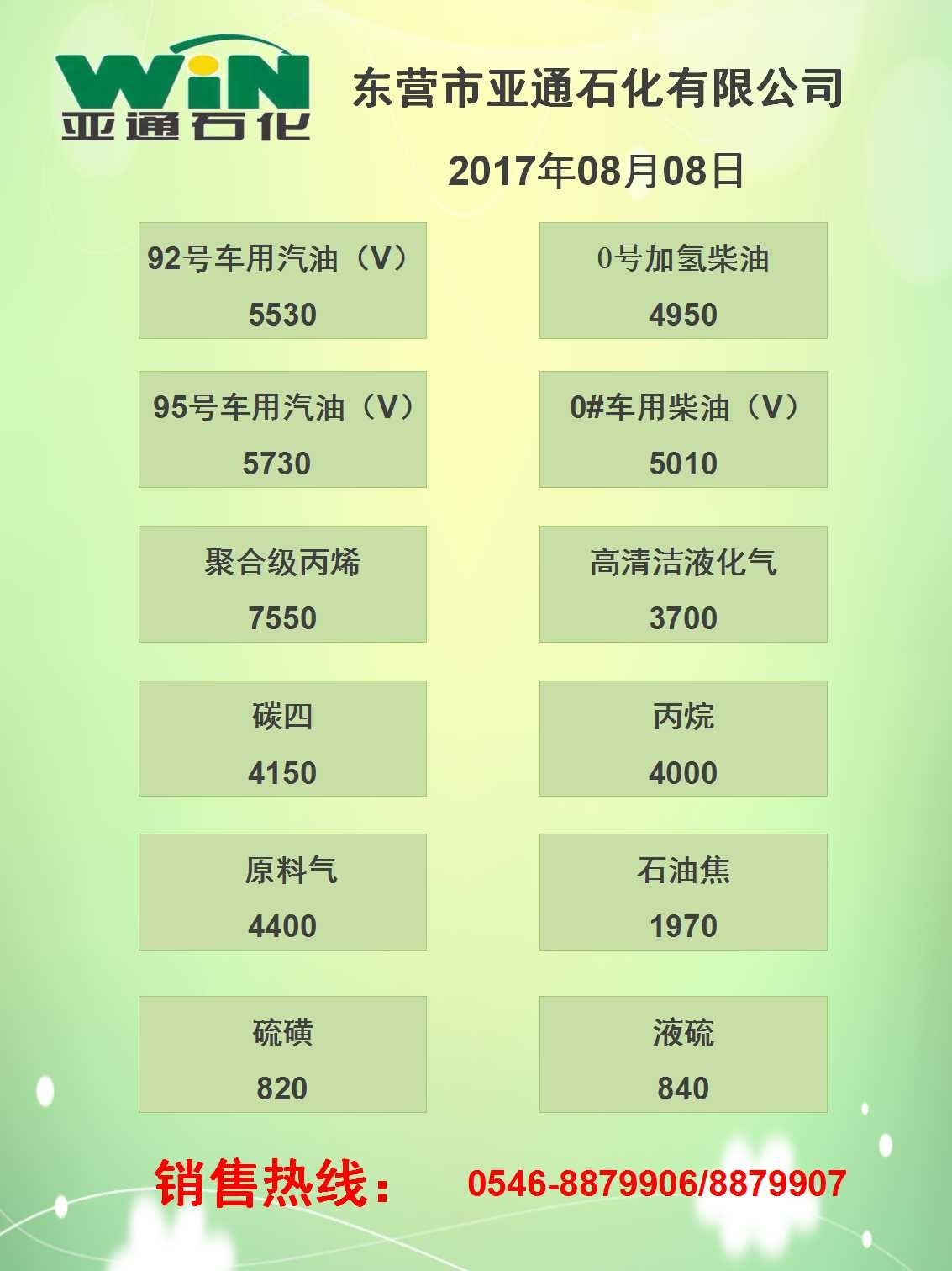 亚通石化2017年8月8日产品报价