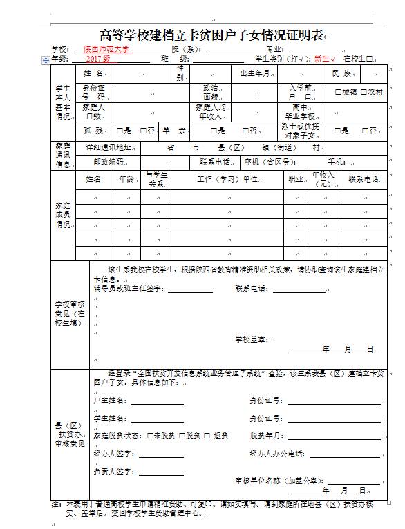 高等学校建档立卡贫困户子女情况证明表是由建档立卡家庭填写,认定为