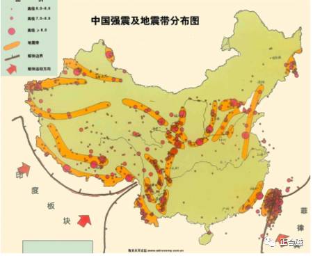 中国强震及地震带分布图