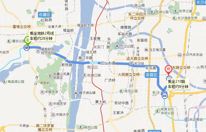 乘坐地铁2号线(望城坡站-长沙大道站),步行190m转公交210路(沙湾路