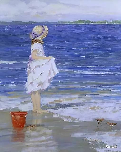 海滩儿童油画,真漂亮,看完想自己亲手画一幅