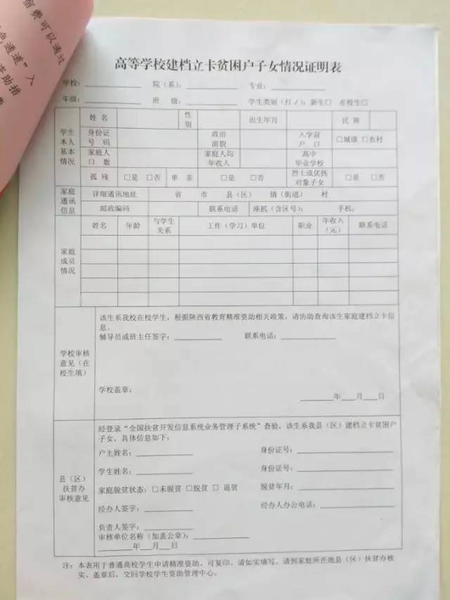 《高等学校建档立卡贫困户子女情况证明表》 这个要用来申请助学金