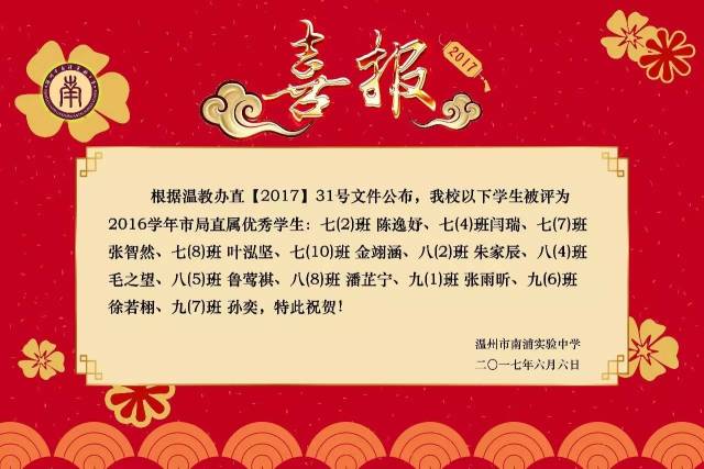 喜报:我校学生,班级被评为2016学年市局直属优秀学生,先进班集体