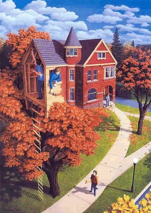 彩色有房有树有人的画图片