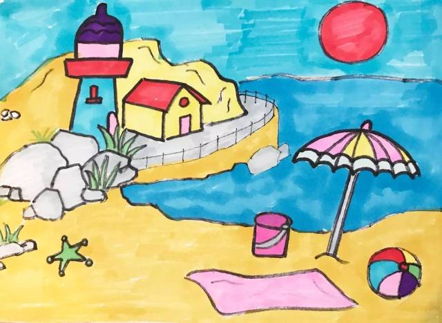 画大海沙滩边的儿童画图片