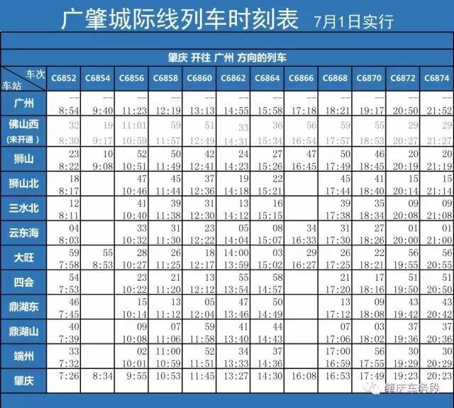 广佛肇城际列车运行时间有调整!