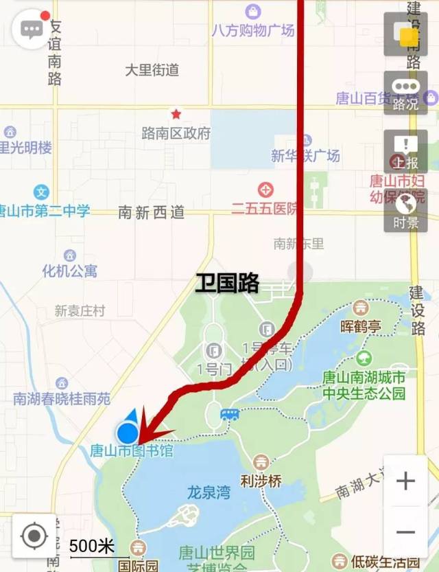 乘坐44路,84路公交车"唐山大剧院"站点下车东行,通过群艺馆西侧门