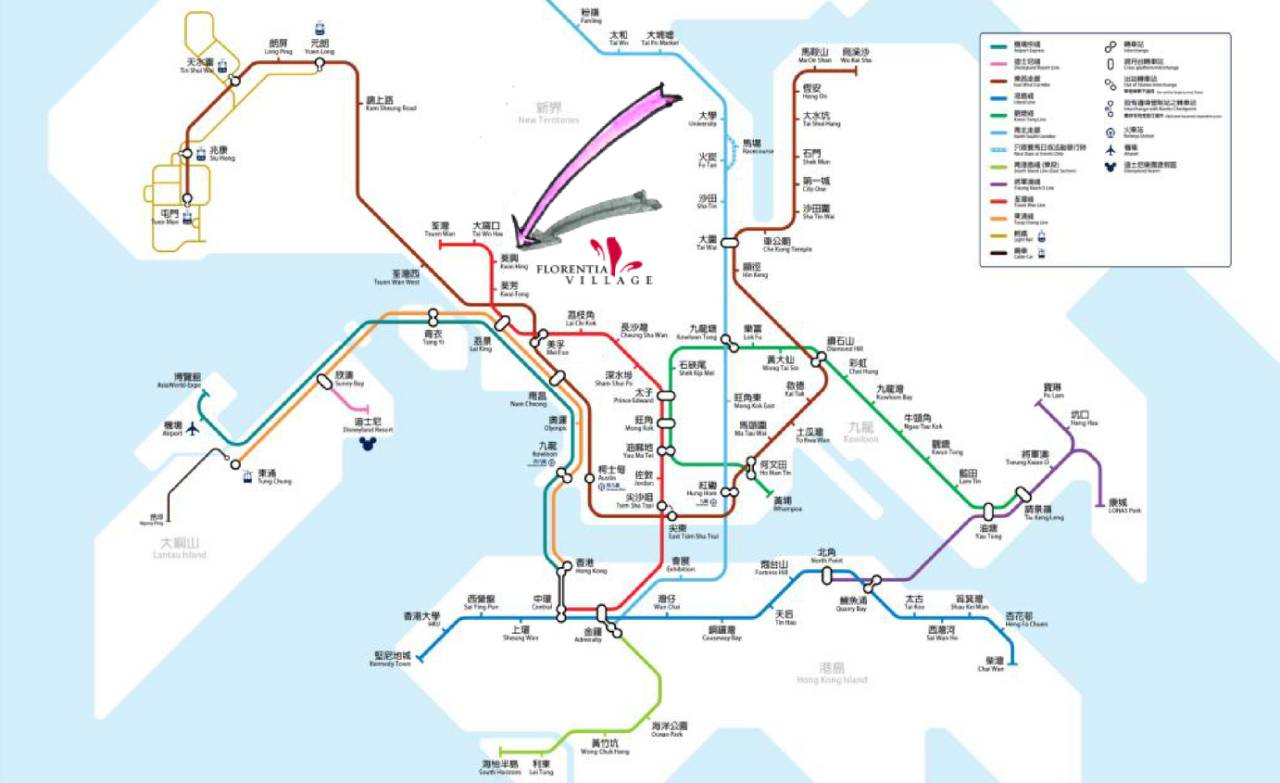 約25分鐘(東涌線>荔景站 轉 荃灣線>葵興站)香港國際機場出發乘坐的士