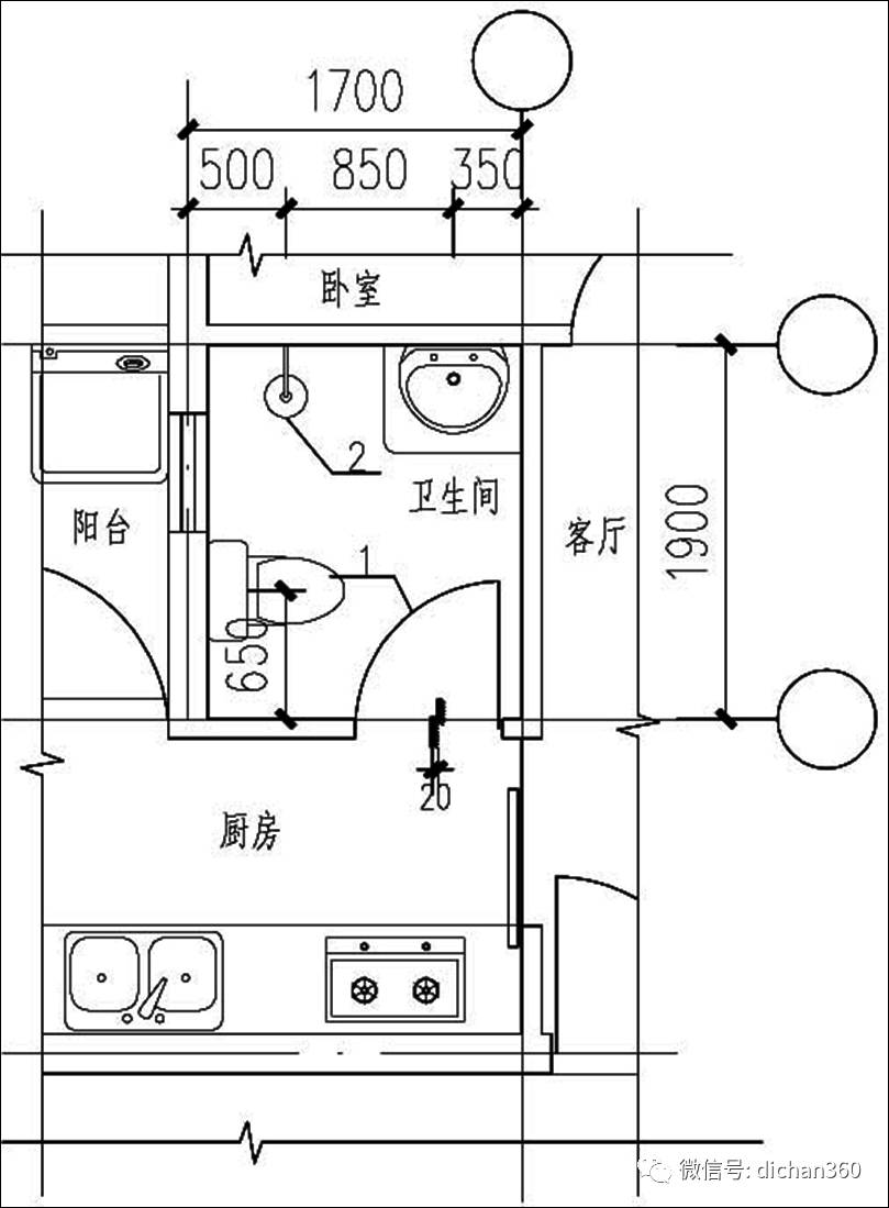 1,无前室的卫生间门不应直接开向厨房;(《住宅设计规范》中的强条规定